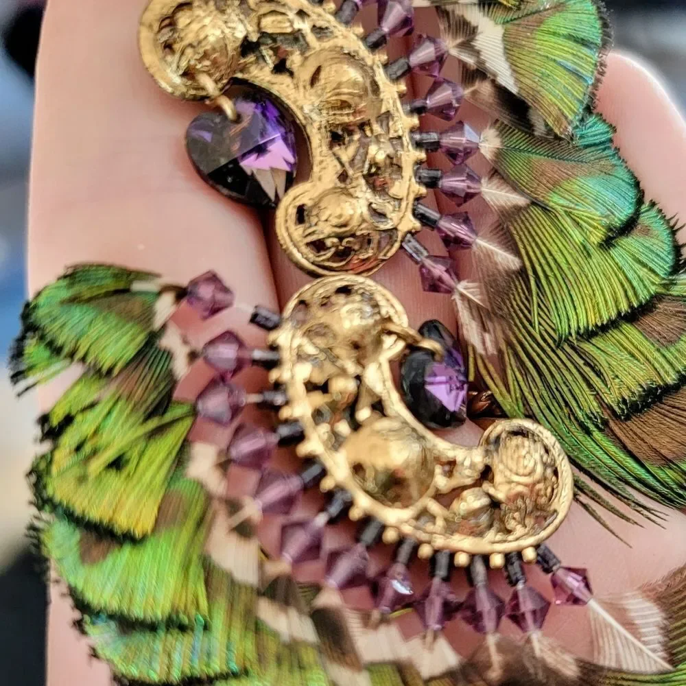 Artisan Filgree Ashlock Peacock Feather Amethyst 23k Gold Plated Earrings